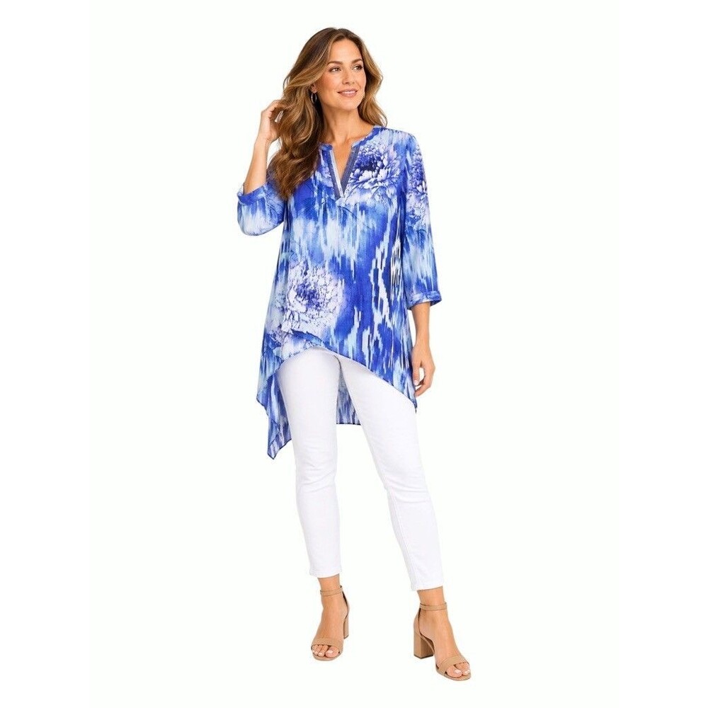 Chico's Tunic Blouse Womens Size MEDIUM Blue Floral Abstract High Low 3/4 Sleeve